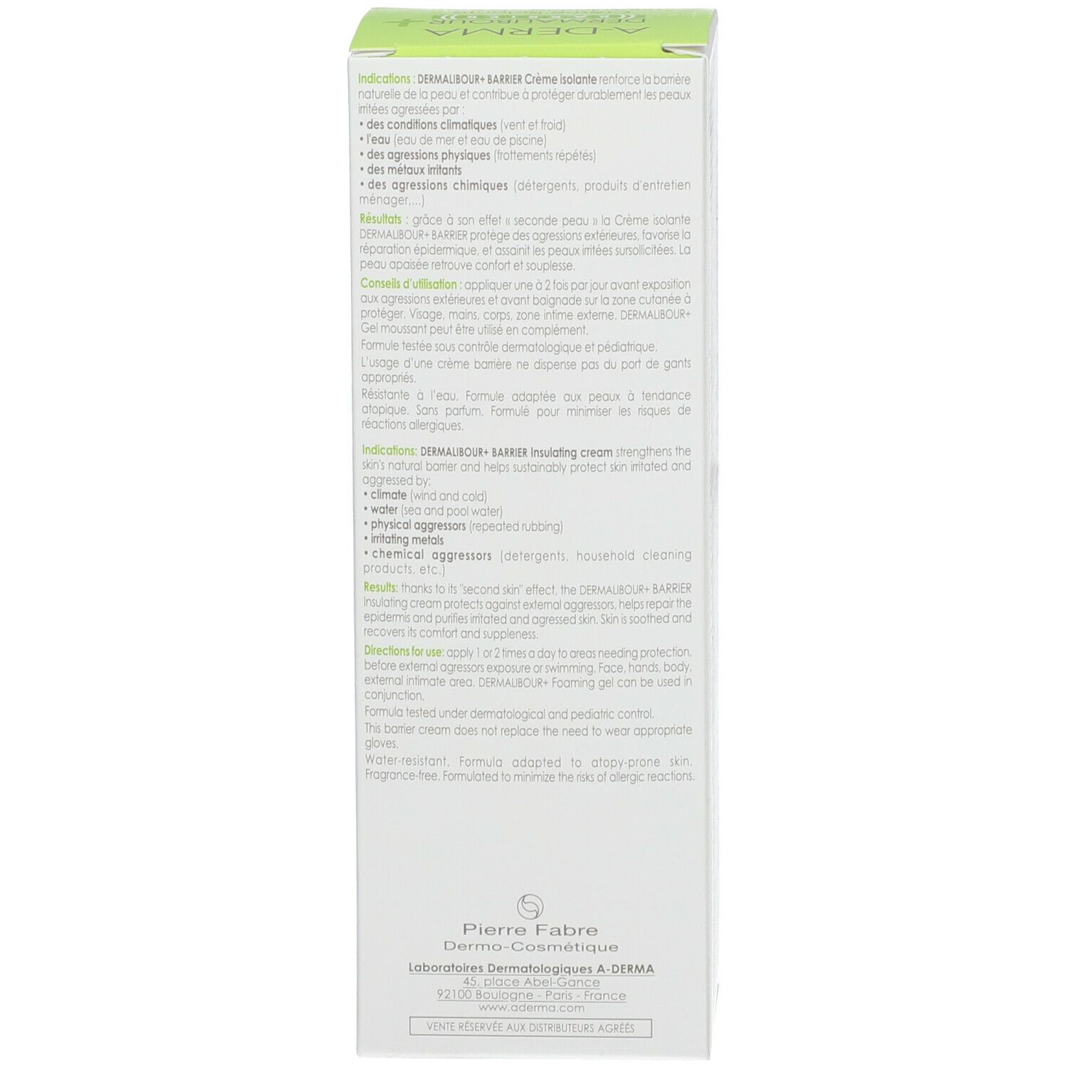 Vue latérale de l'emballage en carton. Texte en plusieurs langues. Fabricant: Pierre Fabre Dermo-Cosmétique.