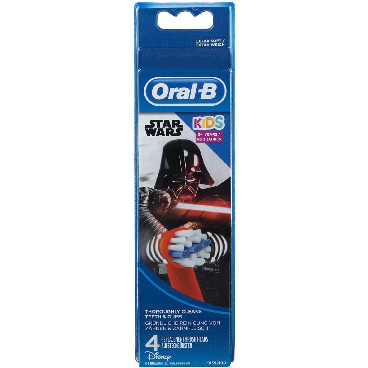 Oral-B Star Wars Kids Aufsteckbürsten. Verpackung mit 4 Bürstenköpfen. Darth Vader-Illustration. Geeignet für Kinder ab 3 Jahren.