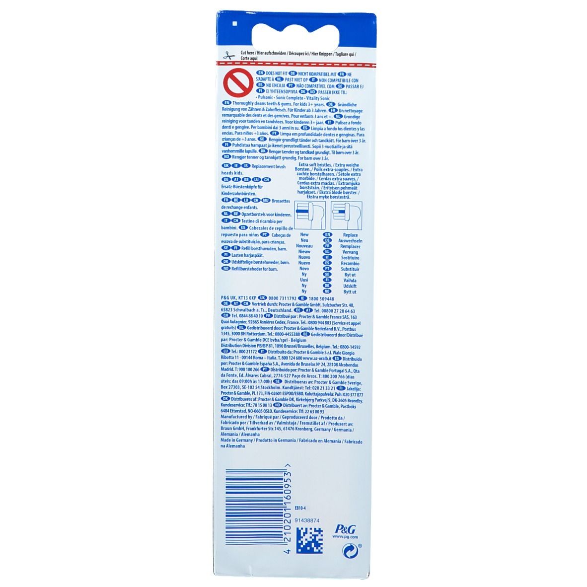 Rückseite der Oral-B Star Wars Aufsteckbürsten-Verpackung. Text in mehreren Sprachen. Enthält Informationen zur Verwendung und Inhaltsstoffe.