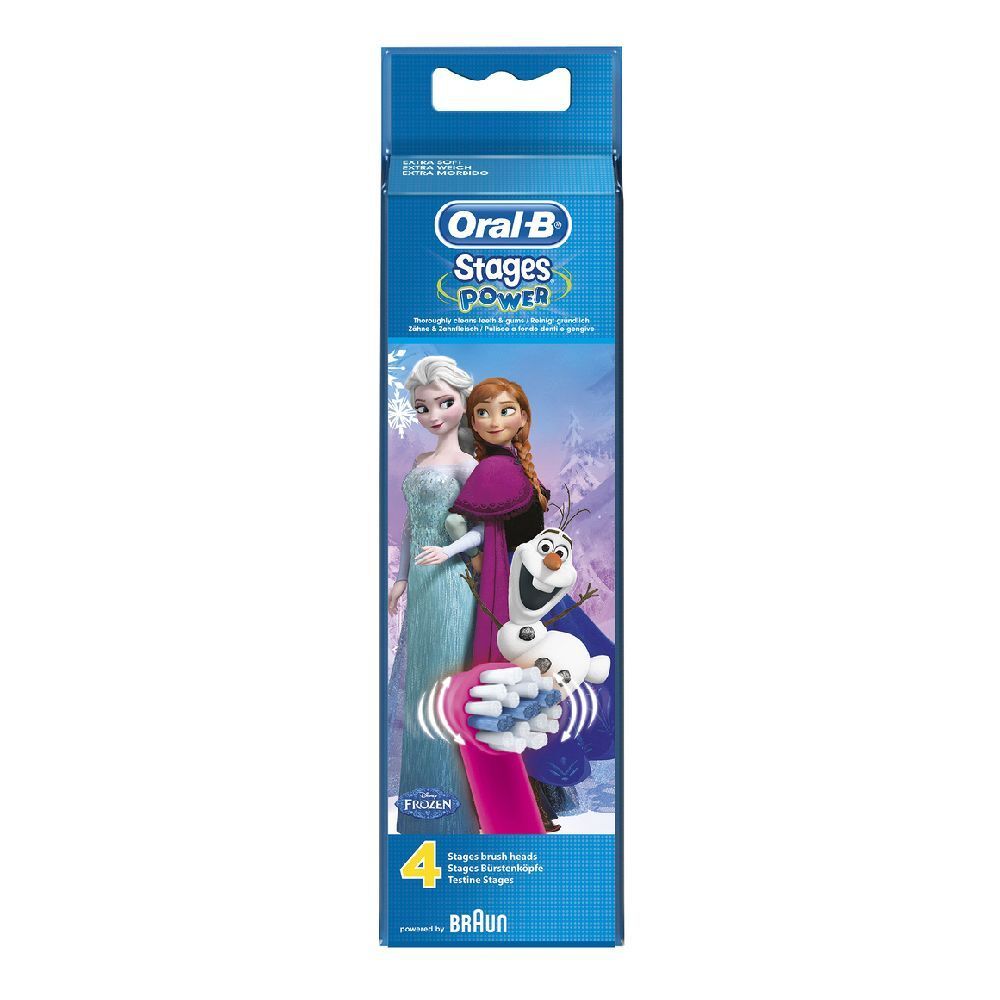 Zahnbürstenaufsätze in Verpackung. Auf der Verpackung sind Elsa, Anna und Olaf abgebildet. Marke: Oral-B Stages Power. 4 Stück.