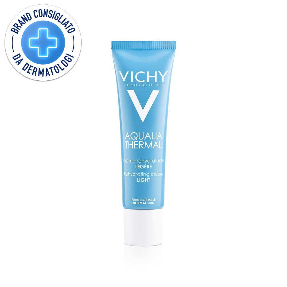 Tube bleu clair avec bouchon blanc. Inscription: VICHY, AQUALIA THERMAL, Crème réhydratante légère, light. Logo: Brand Consigliato da Dermatologi.