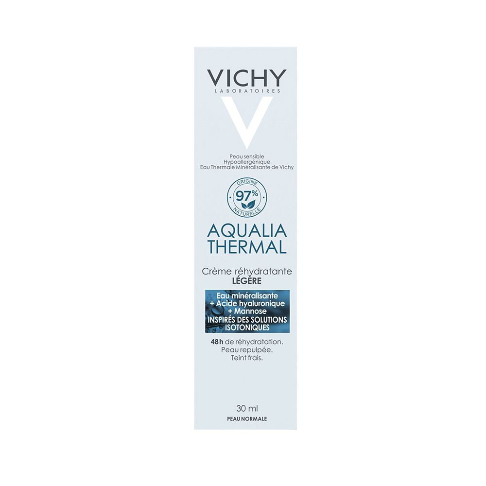 Boîte blanche avec inscription: VICHY, AQUALIA THERMAL, Crème réhydratante légère. Logo: 97% origine naturelle. 30 ml. Pour peau normale.