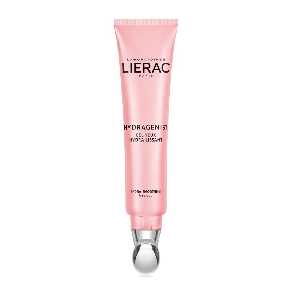 Tube rose avec applicateur argenté. Inscription: LIERAC PARIS, HYDRAGENIST GEL YEUX HYDRA-LISSANT.