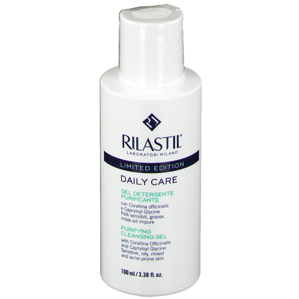 Weißes Fläschchen mit weißem Deckel. Aufschrift: RILASTIL, Daily Care, Gel Nettoyant Purifiant. 100 ml.