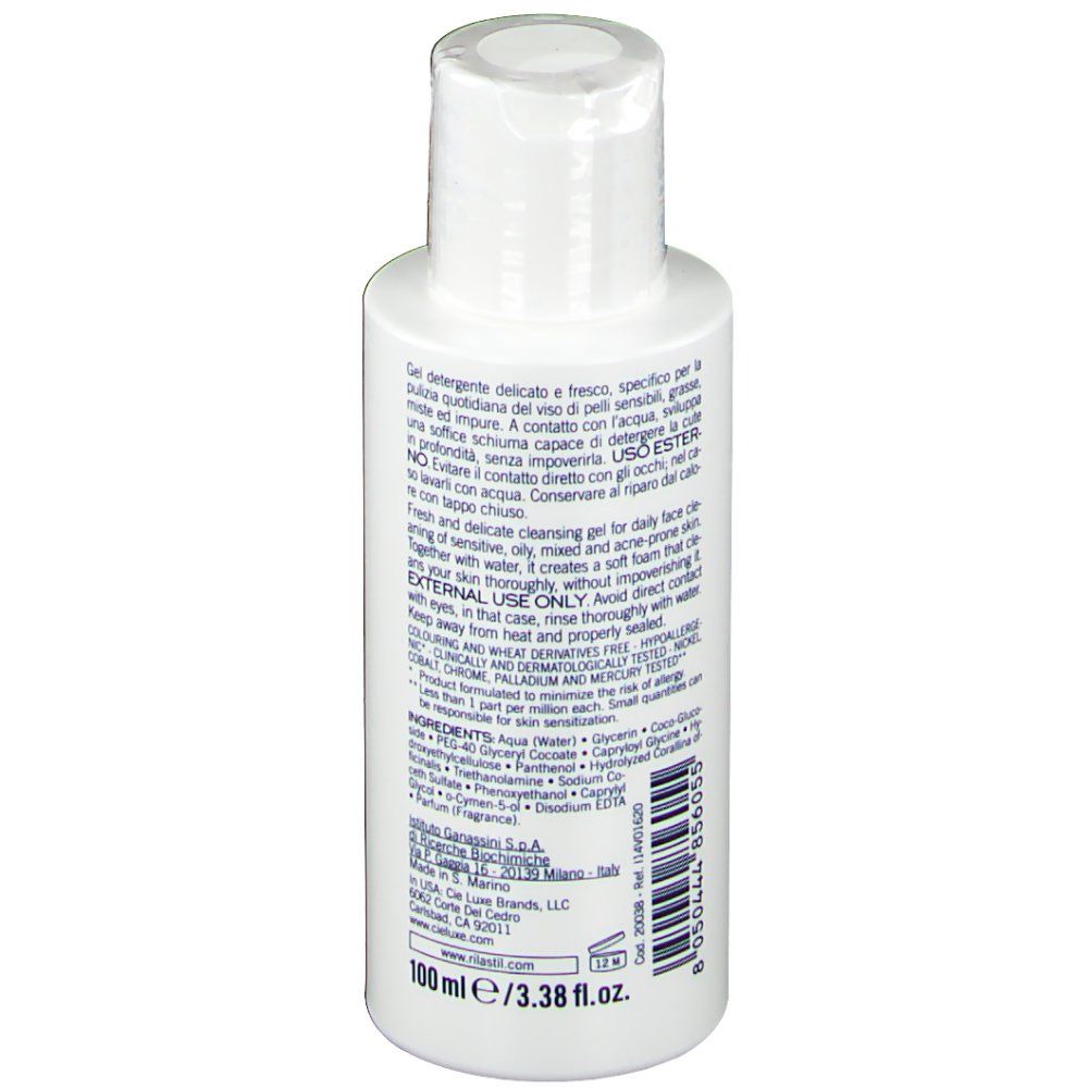 Weißes Fläschchen mit weißem Deckel. Text in mehreren Sprachen. 100 ml. Barcode.