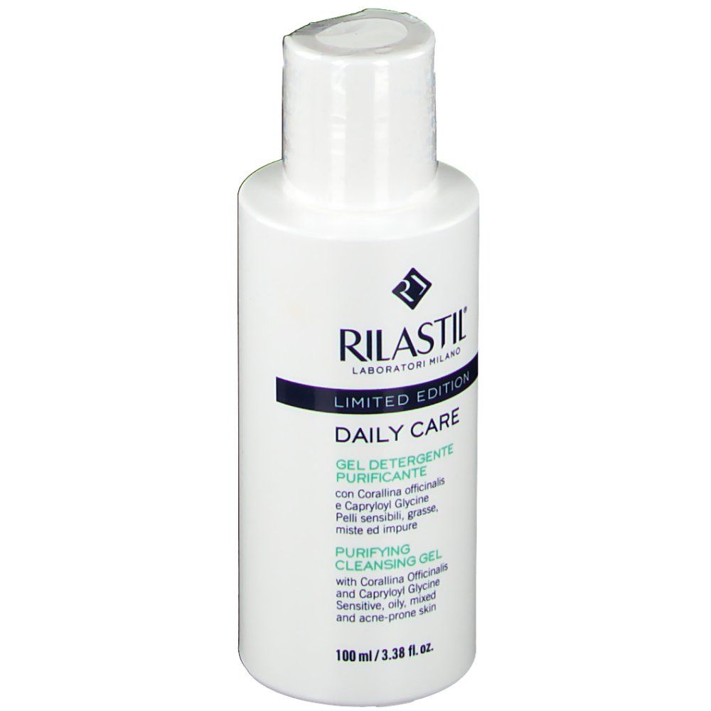 Weißes Fläschchen mit weißem Deckel. Aufschrift: RILASTIL, Daily Care, Gel Nettoyant Purifiant. 100 ml.
