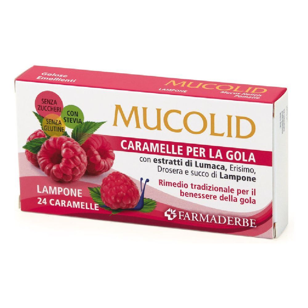 Boîte de bonbons à la framboise. Inscription : Mucolid, 24 Caramelle, sans sucre, sans gluten, avec stévia. Framboises illustrées.