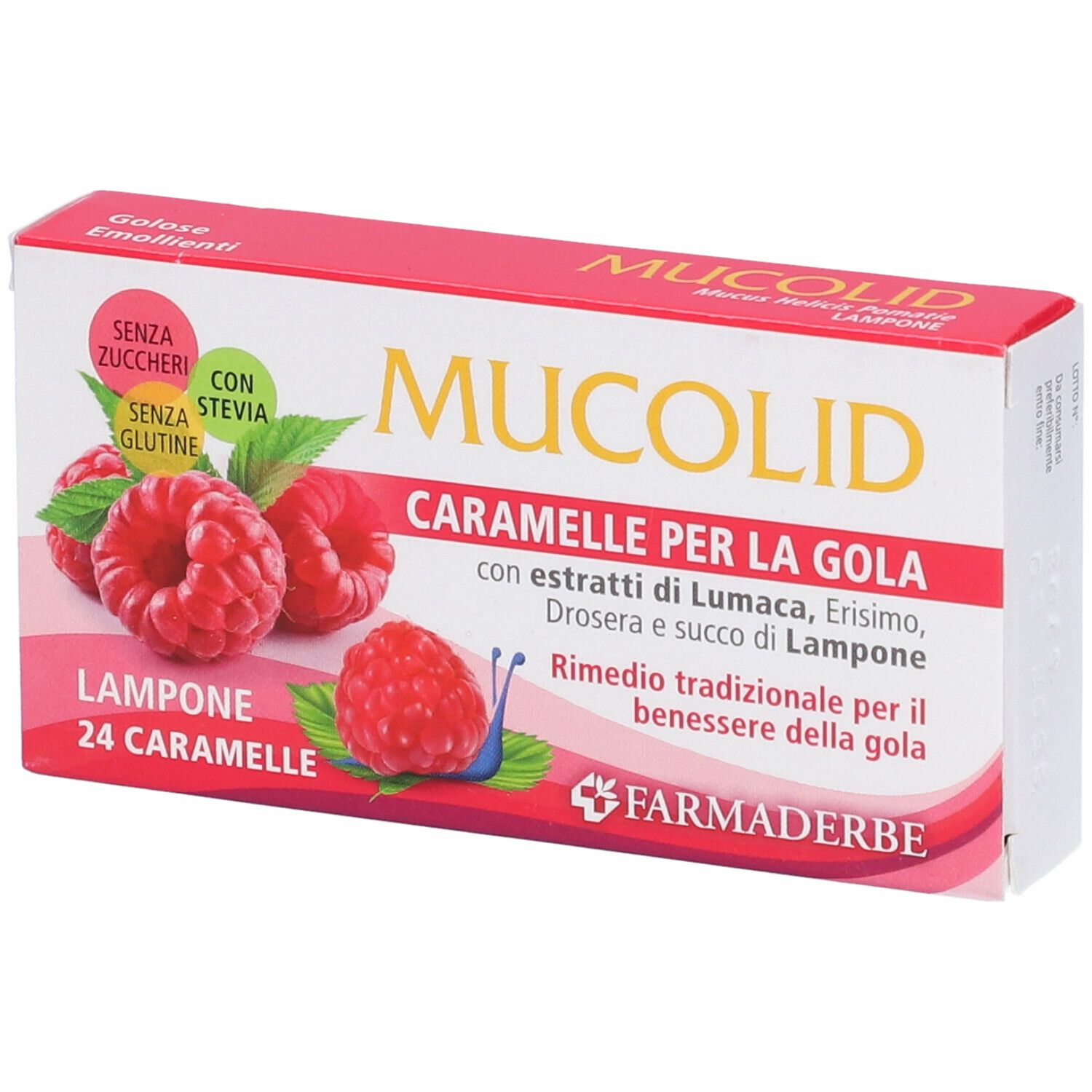 Boîte de bonbons à la framboise. Inscription : Mucolid, 24 Caramelle, sans sucre, sans gluten, avec stévia. Framboises illustrées.