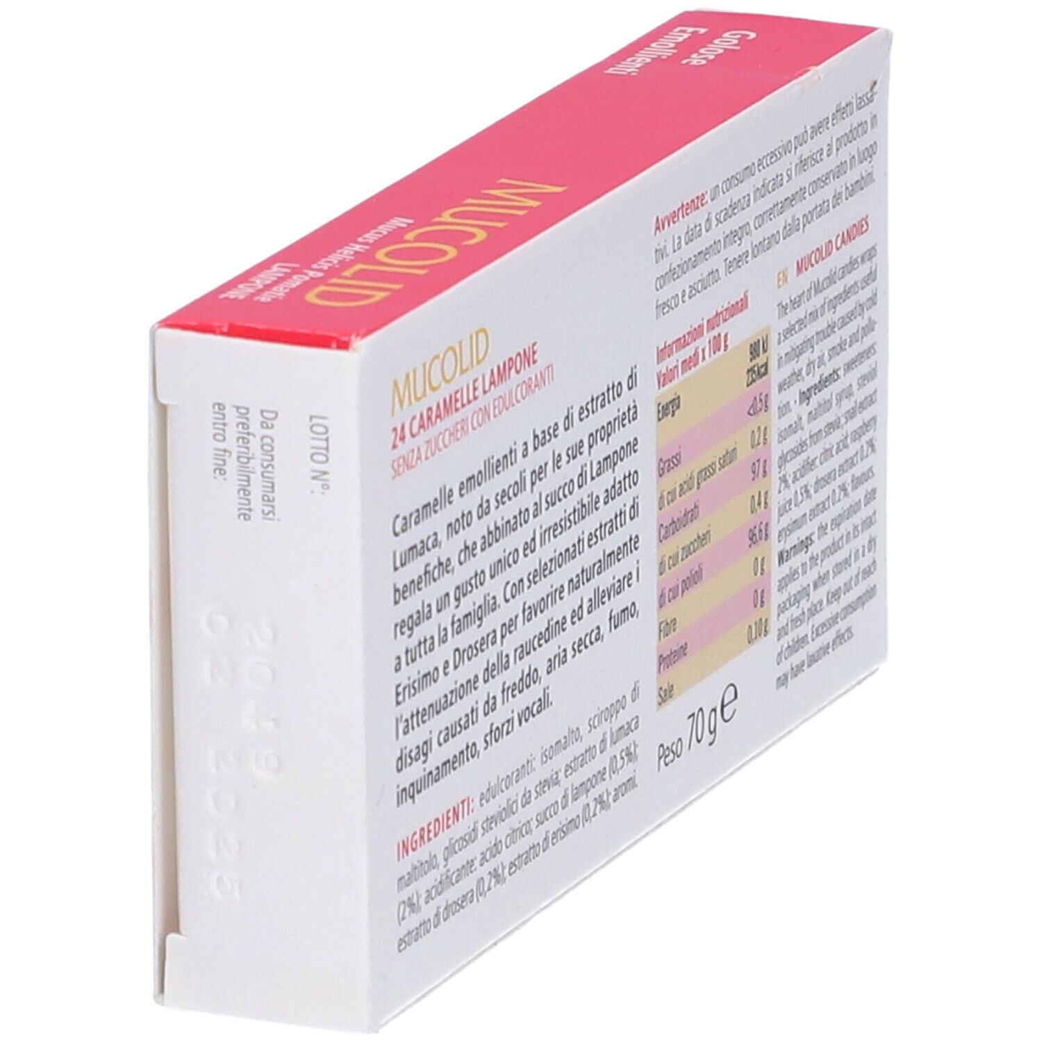 Boîte de bonbons à la framboise. Inscription : Mucolid, 24 Caramelle, sans sucre, sans gluten, avec stévia. Dos avec informations.