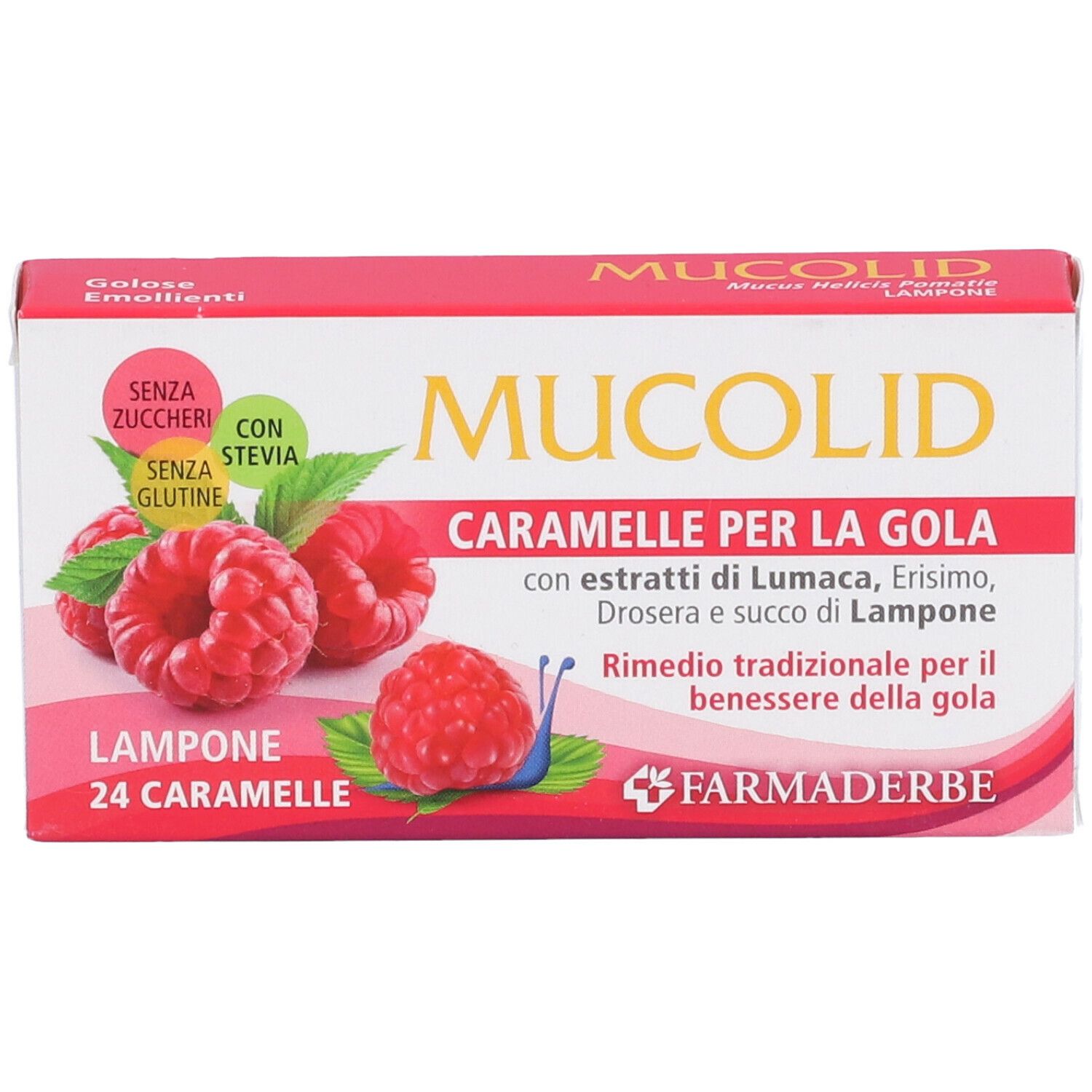 Boîte de bonbons à la framboise. Inscription : Mucolid, 24 Caramelle, sans sucre, sans gluten, avec stévia. Framboises illustrées.
