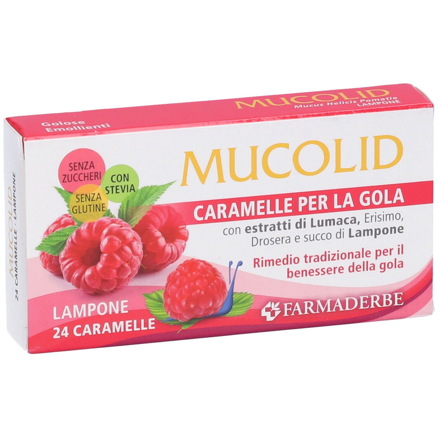 Boîte de bonbons à la framboise. Inscription : Mucolid, 24 Caramelle, sans sucre, sans gluten, avec stévia. Framboises illustrées.