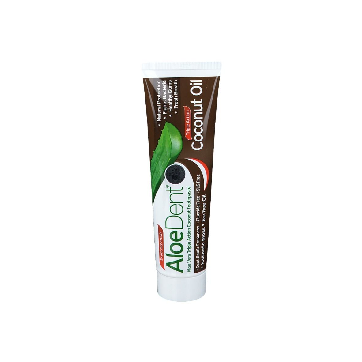 Tube de dentifrice AloeDent Coconut Oil. Contient de l'huile de coco. Triple action.
