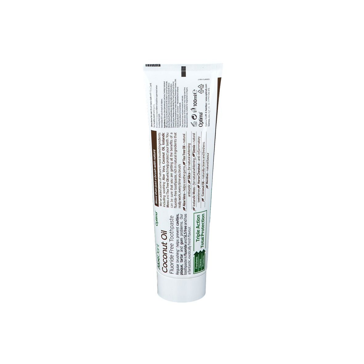 Dos d'un tube de dentifrice avec texte. Contient des informations sur les ingrédients et la marque.
