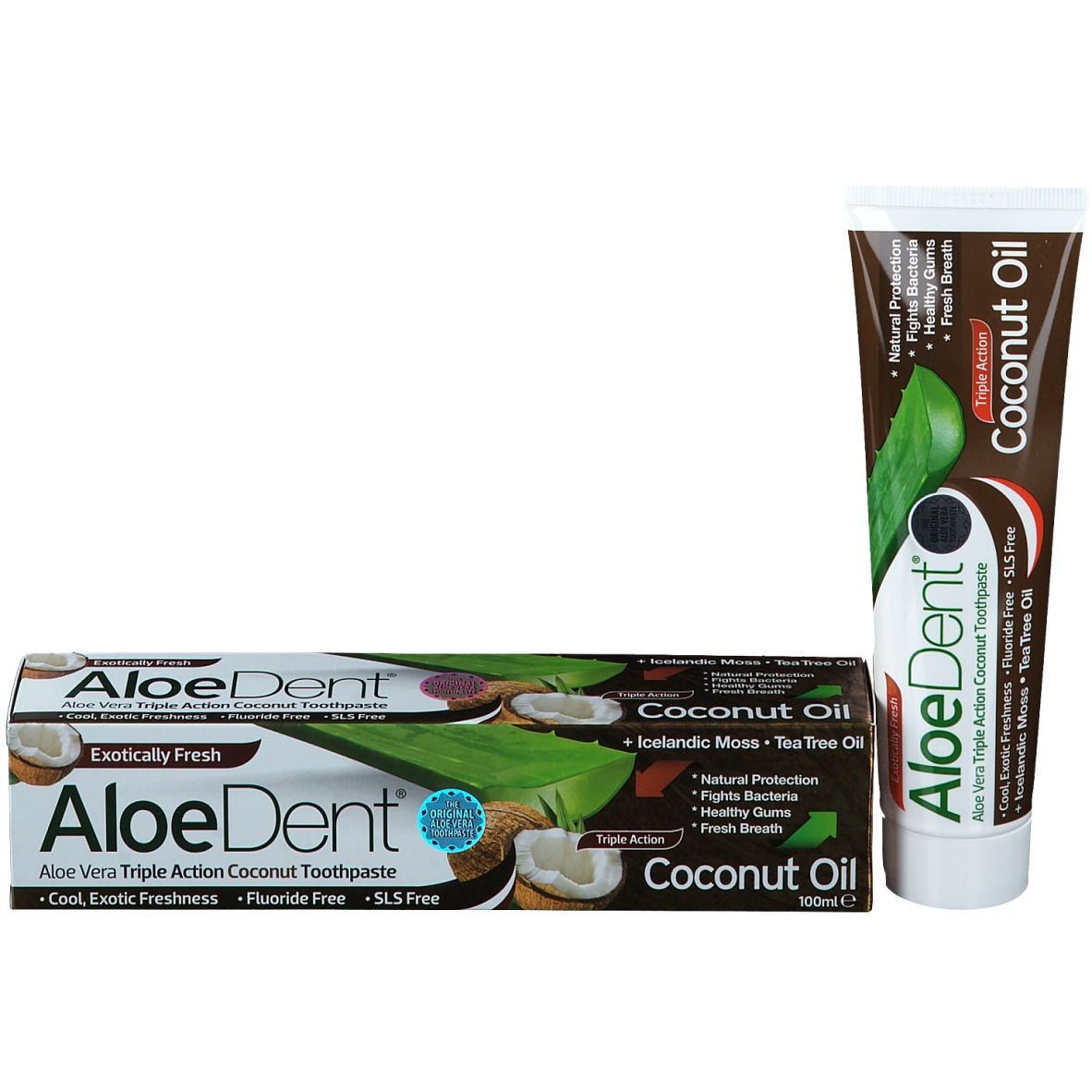 Tube de dentifrice et boîte. Inscription AloeDent Coconut Oil. Contient de l'huile de coco. Triple action.