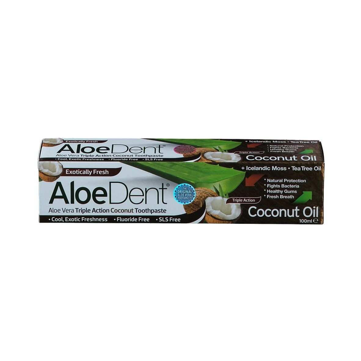 Boîte avec AloeDent Coconut Oil. Contient de l'huile de coco. Triple action. Inscription Exotically Fresh.