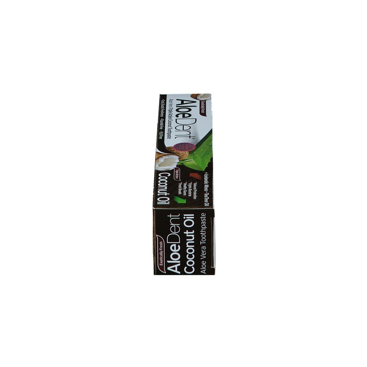 Tube de dentifrice et boîte, vertical. Inscription AloeDent Coconut Oil. Contient de l'huile de coco. Triple action.