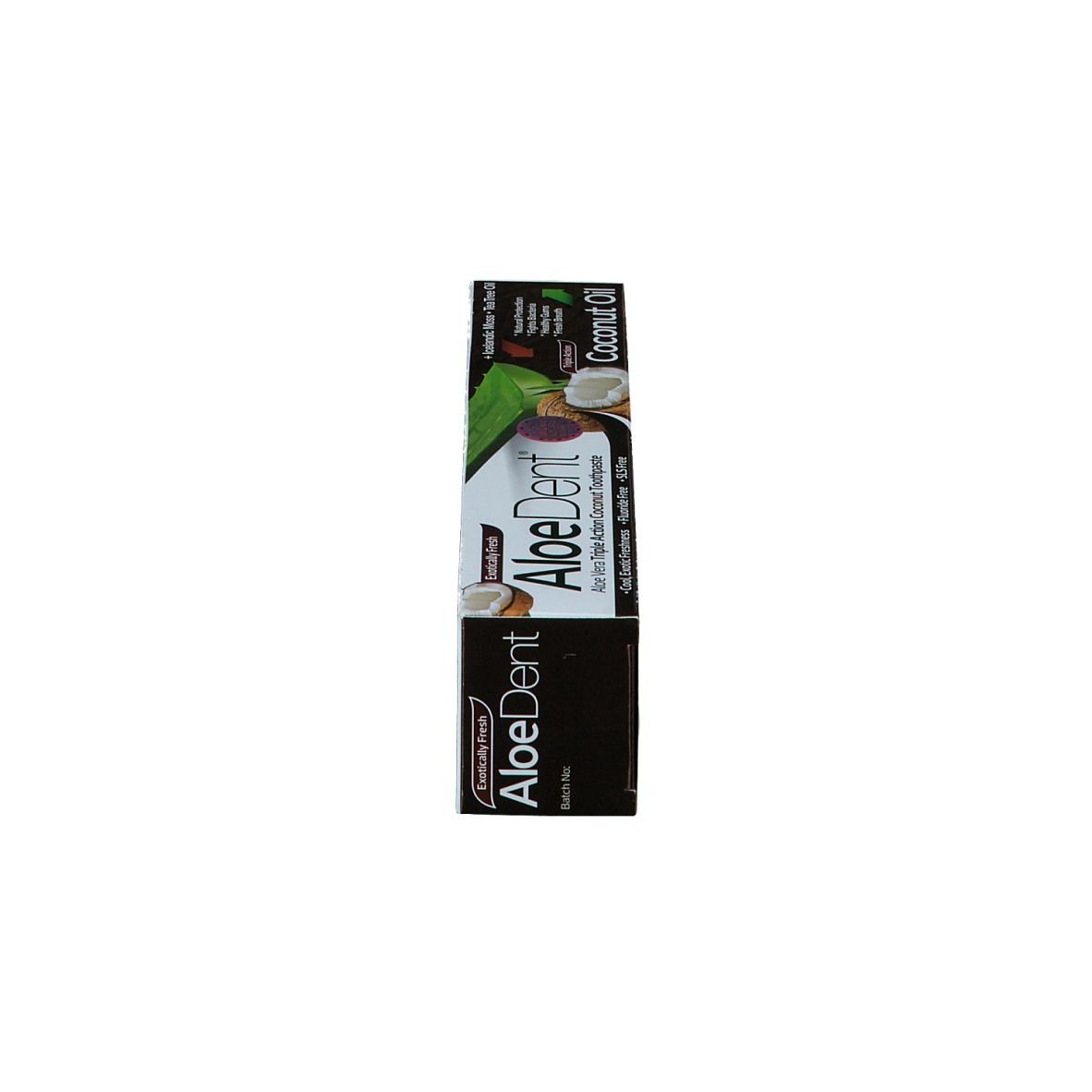 Tube de dentifrice et boîte, vertical. Inscription AloeDent Coconut Oil. Contient de l'huile de coco. Triple action.