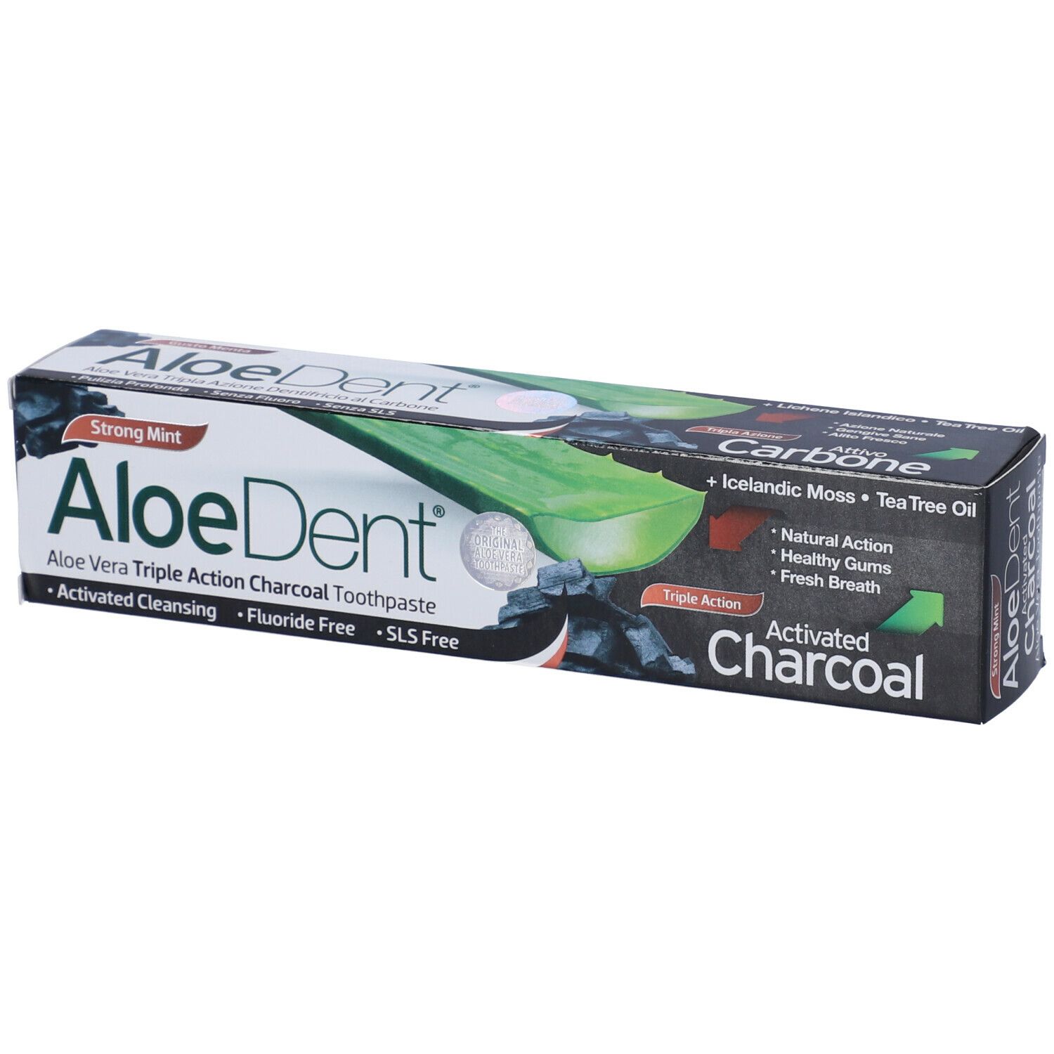 Zahncreme-Verpackung von Aloedent. Aufschrift: Aloe Vera Triple Action Charcoal Toothpaste, Aktivkohle, Strong Mint.
