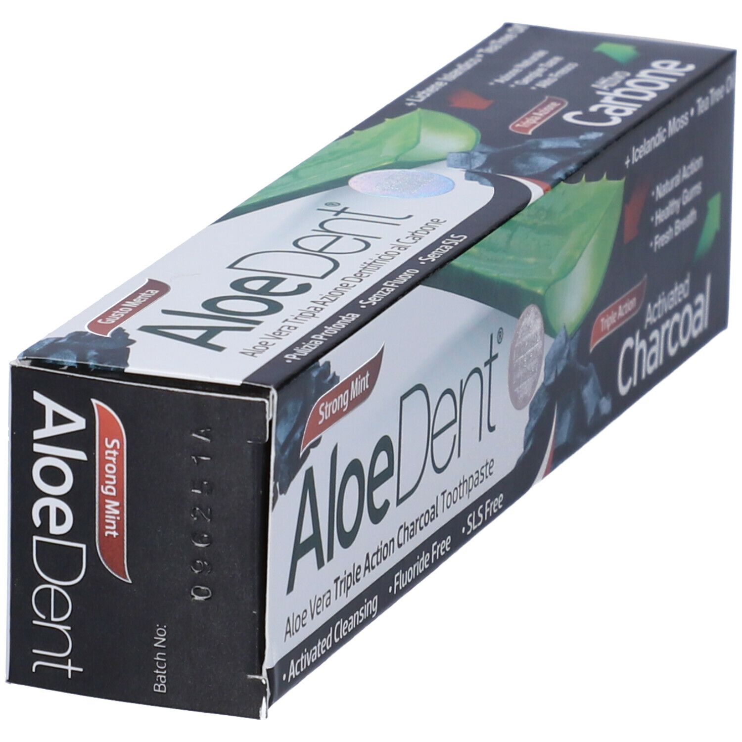 Schwarze und weiße Aloedent-Zahncreme-Verpackung. Aufschrift: Aloe Vera Triple Action Charcoal Toothpaste, Strong Mint.