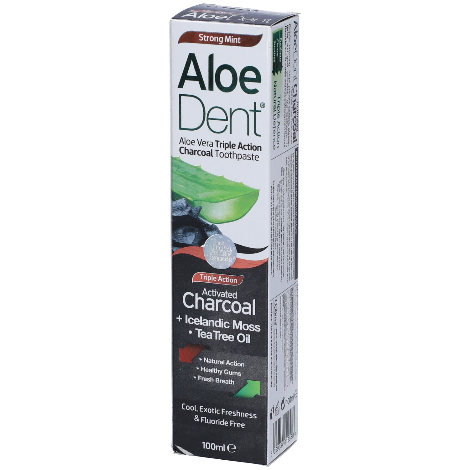 Zahncreme-Verpackung von Aloedent. Aufschrift: Aloe Vera Triple Action Charcoal Toothpaste, Aktivkohle, Strong Mint.