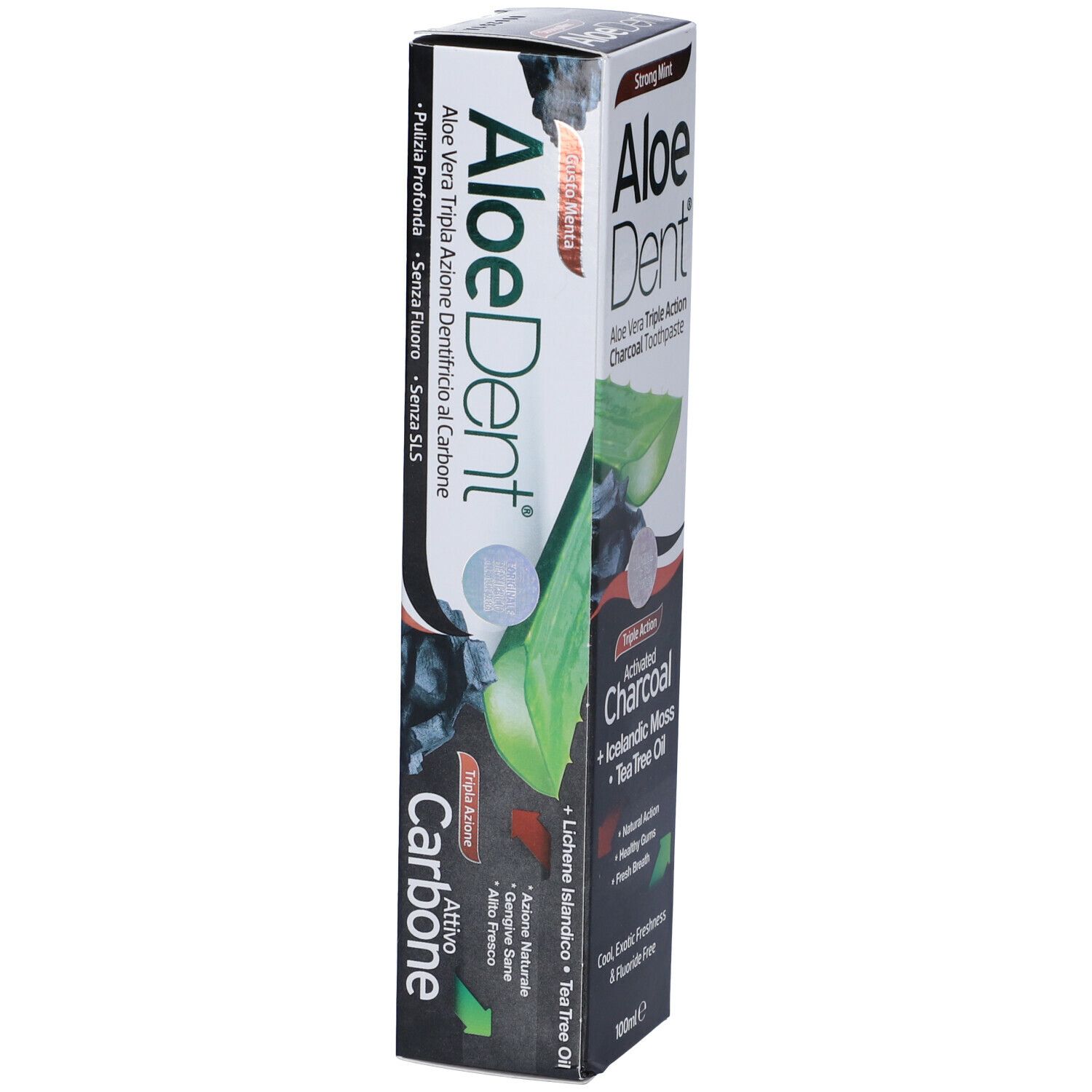 Zahncreme-Verpackung von Aloedent. Aufschrift: Aloe Vera Triple Action Charcoal Toothpaste, Aktivkohle, Strong Mint.