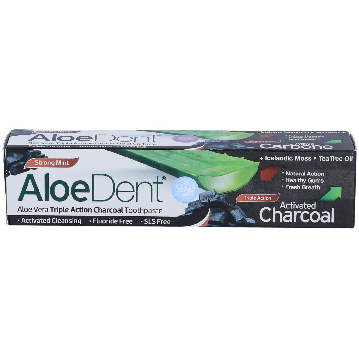 Zahncreme-Verpackung von Aloedent. Aufschrift: Aloe Vera Triple Action Charcoal Toothpaste, Aktivkohle, Strong Mint.
