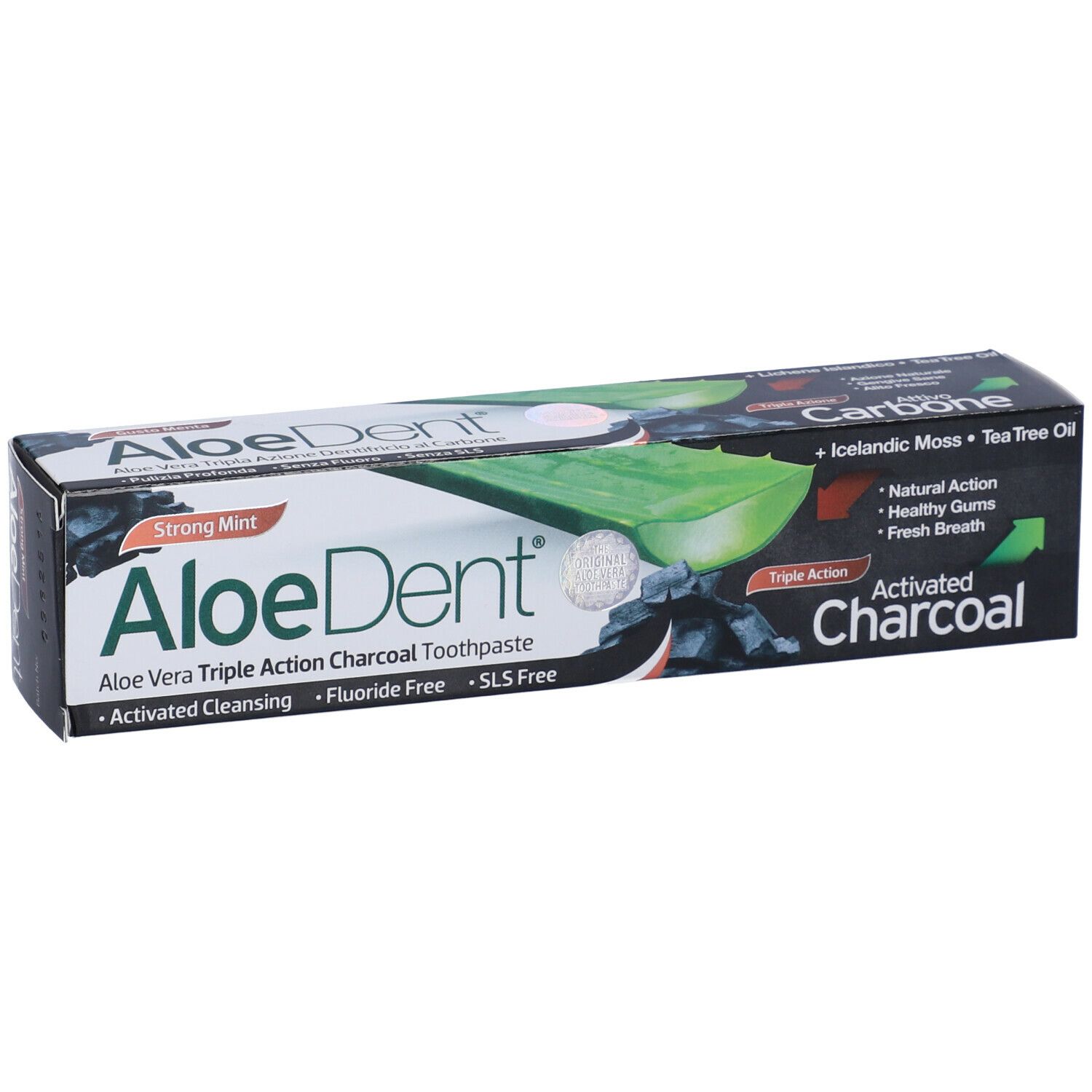 Zahncreme-Verpackung von Aloedent. Aufschrift: Aloe Vera Triple Action Charcoal Toothpaste, Aktivkohle, Strong Mint.