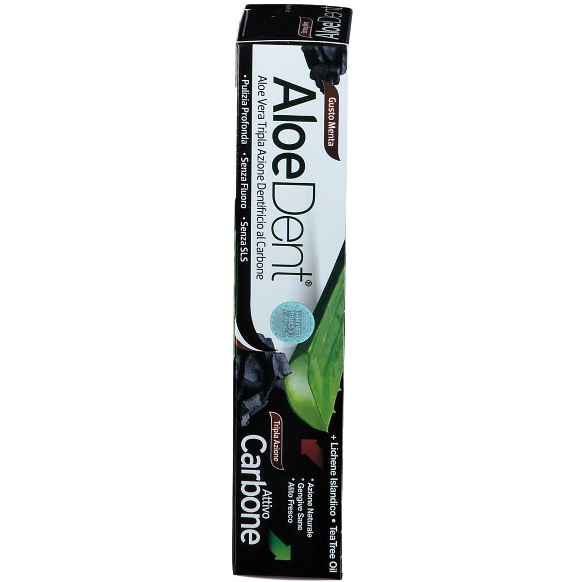 Zahncreme-Verpackung von Aloedent. Aufschrift: Aloe Vera Triple Action Charcoal Toothpaste, Aktivkohle, Strong Mint.