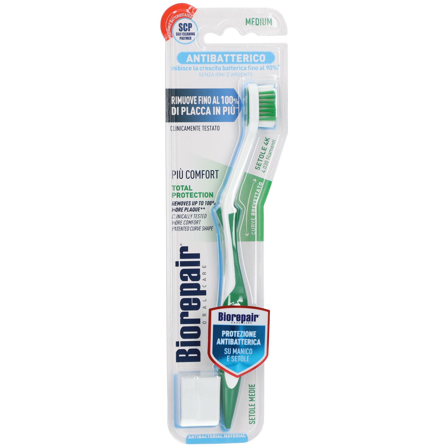 Brosse à dents verte et blanche. Emballage avec informations produit et nom de la marque Biorepair.