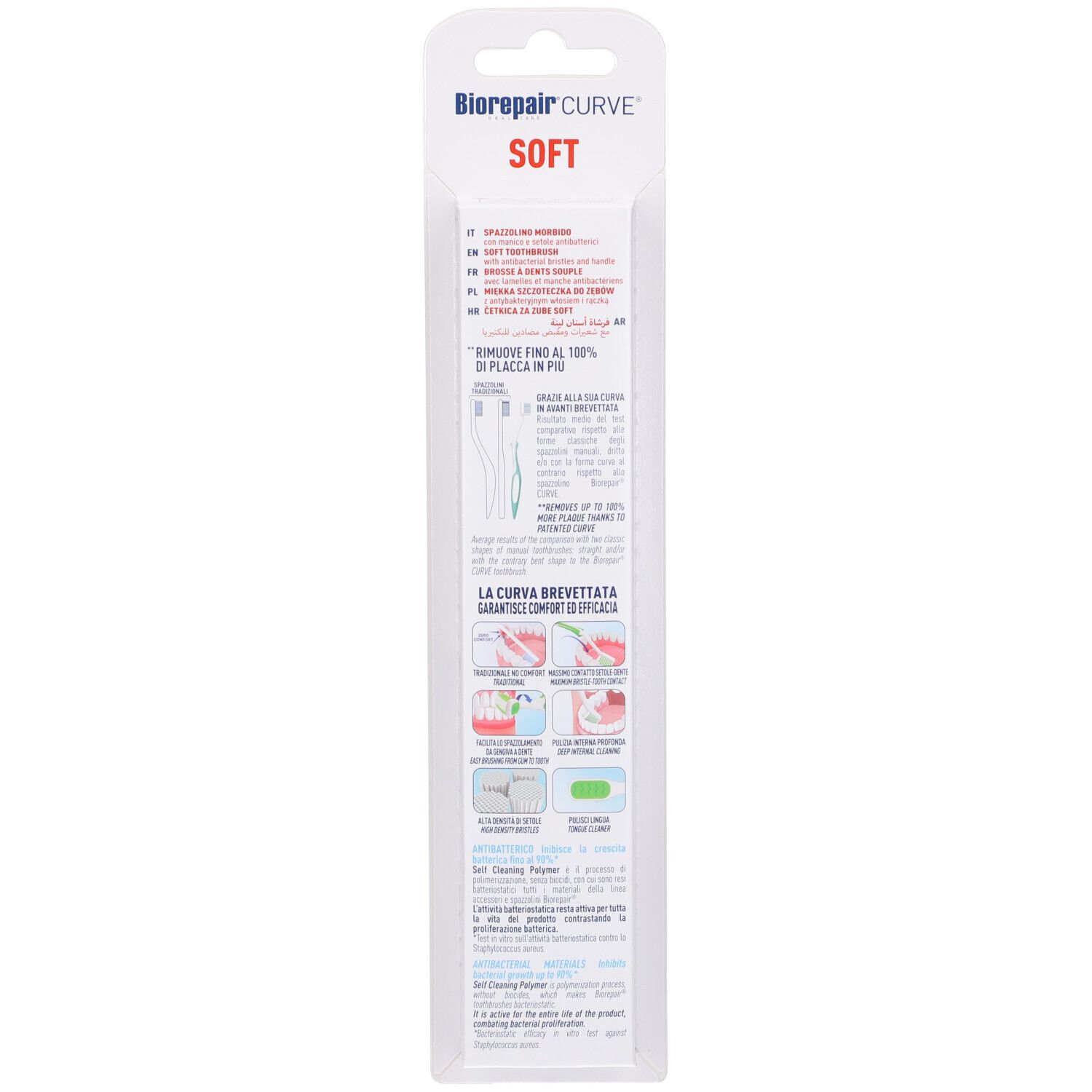 Rückseite der Verpackung. Text und Illustrationen. Marke: Biorepair Curve Soft. Enthält Informationen zur Zahnbürste.