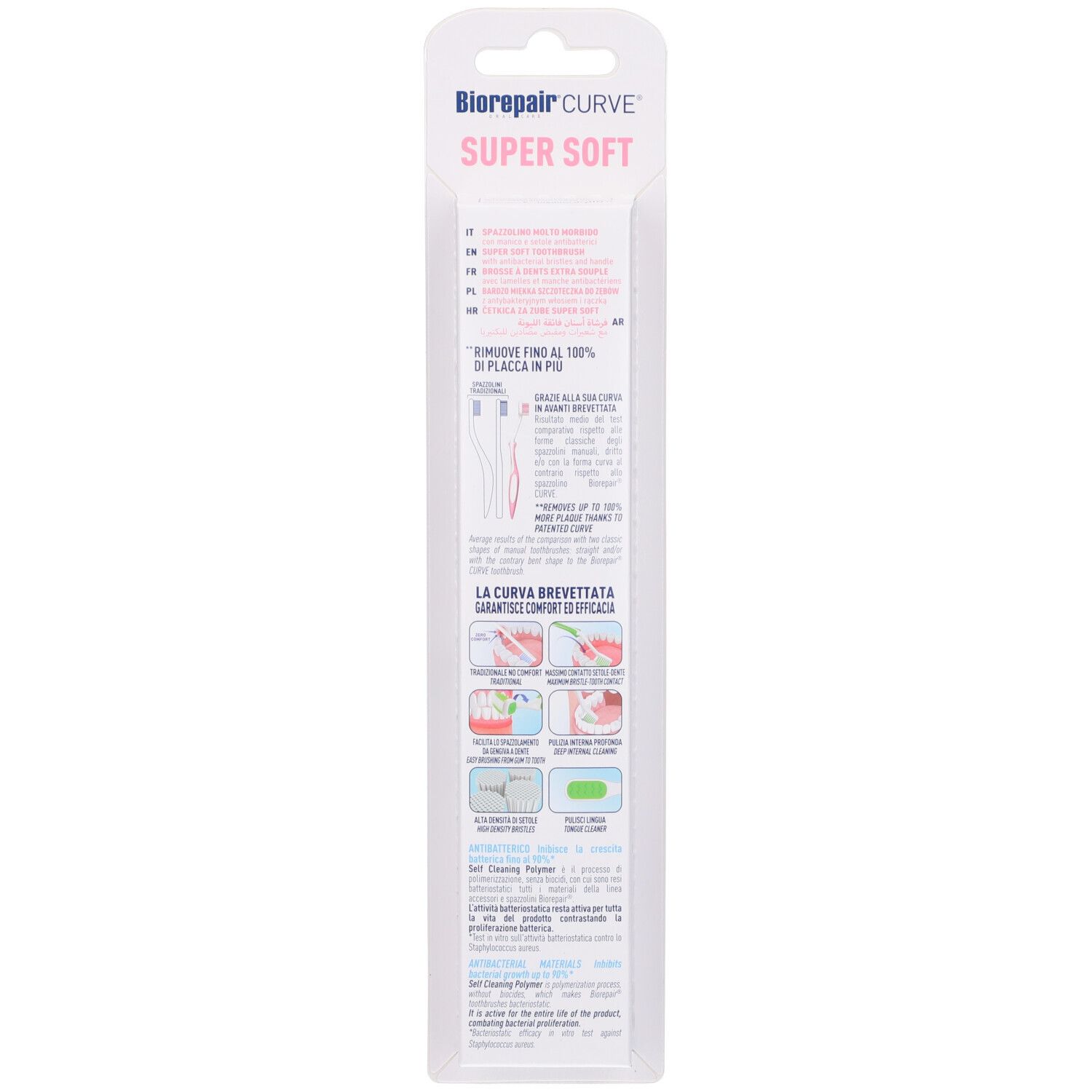 Verpackung mit Zahnbürsten-Informationen. Aufschrift: Biorepair Curve Super Soft. Illustrationen und Text.