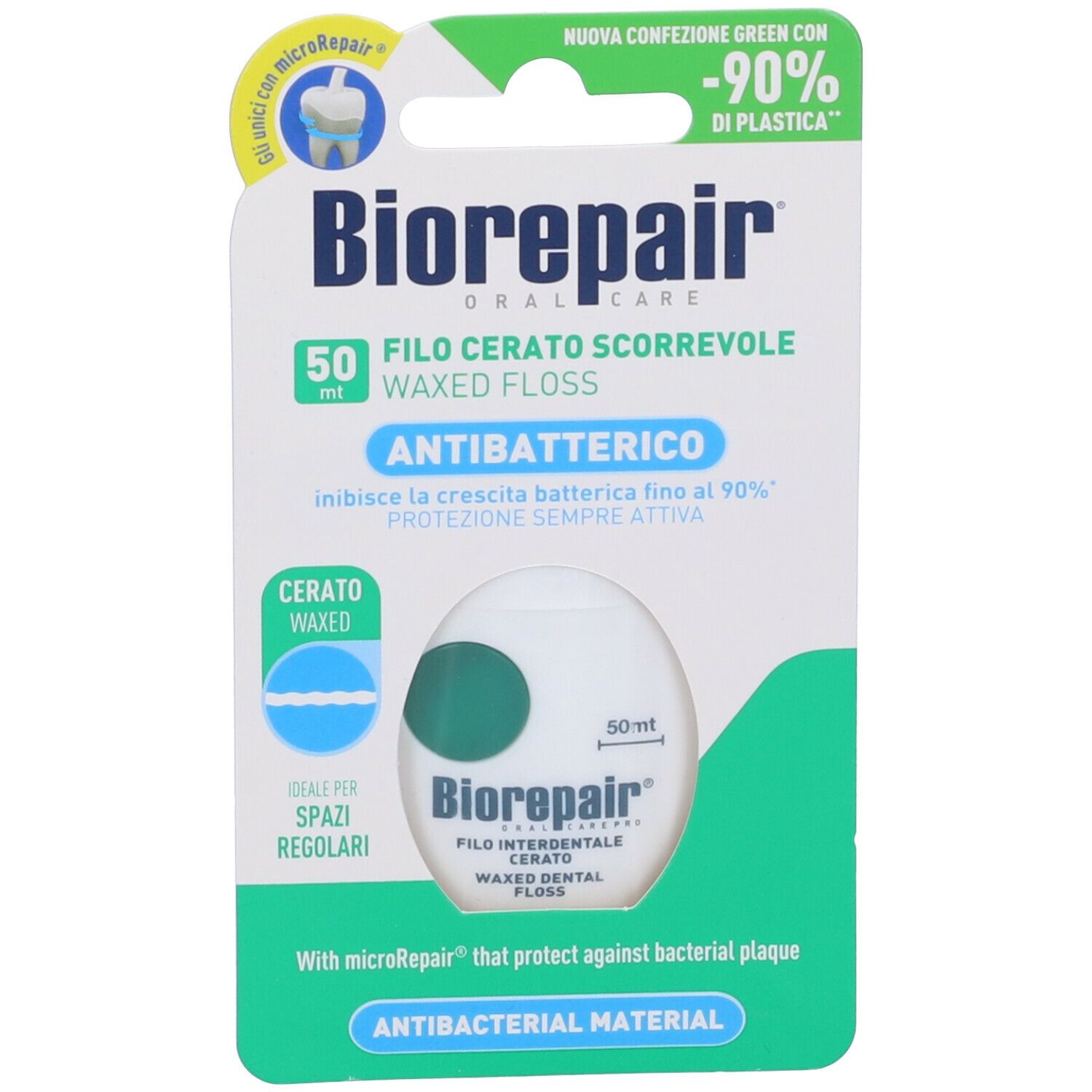 Boîte de fil dentaire. Boîtier blanc, couvercle vert. Texte : Biorepair, Antibactérien, 50 m.