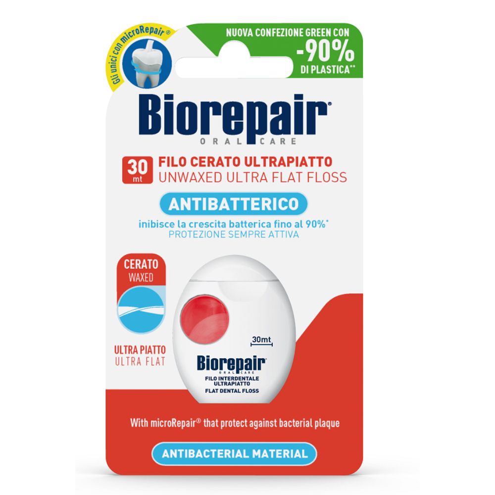 Paquet de fil dentaire Biorepair Oral Care Filo Cerato Ultrapiatto Antibatterico. Bobine blanche, bouton rouge. Antibactérien.