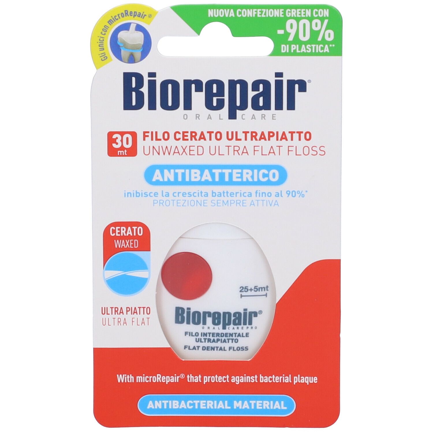 Paquet de fil dentaire Biorepair Oral Care Filo Cerato Ultrapiatto Antibatterico. Bobine blanche, bouton rouge. Antibactérien.