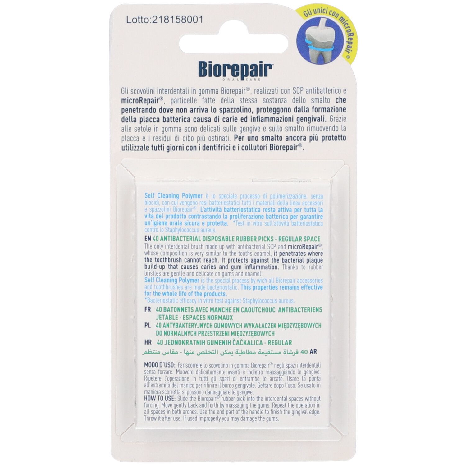 Dos du paquet Biorepair® Scovolini Antibatterici. Texte en italien, anglais, français, polonais et arabe.