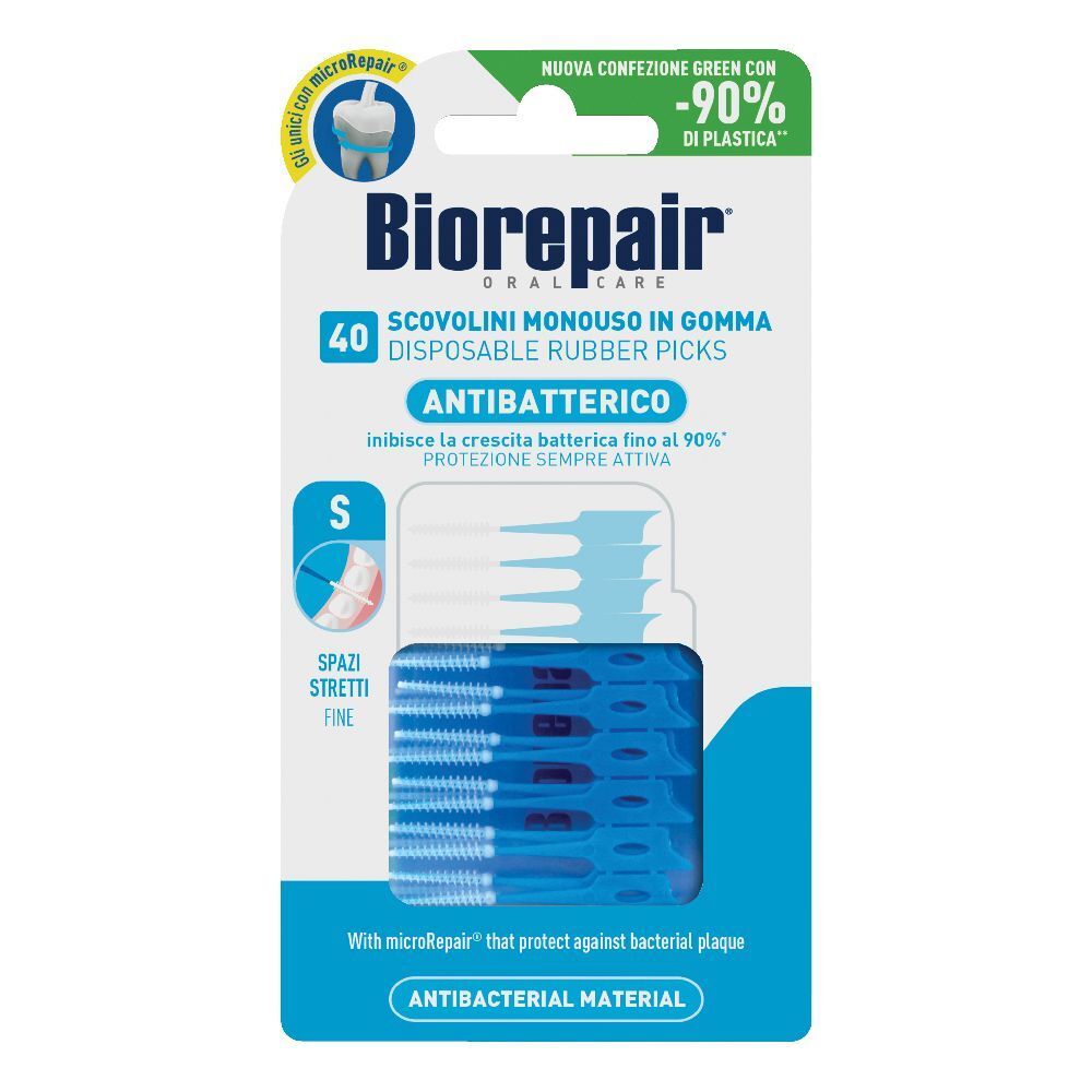 Paquet de 40 Biorepair Scovolini Monouso en caoutchouc bleus. Antibactérien. 'S' pour espaces étroits. Emballage vert avec -90% de plastique.