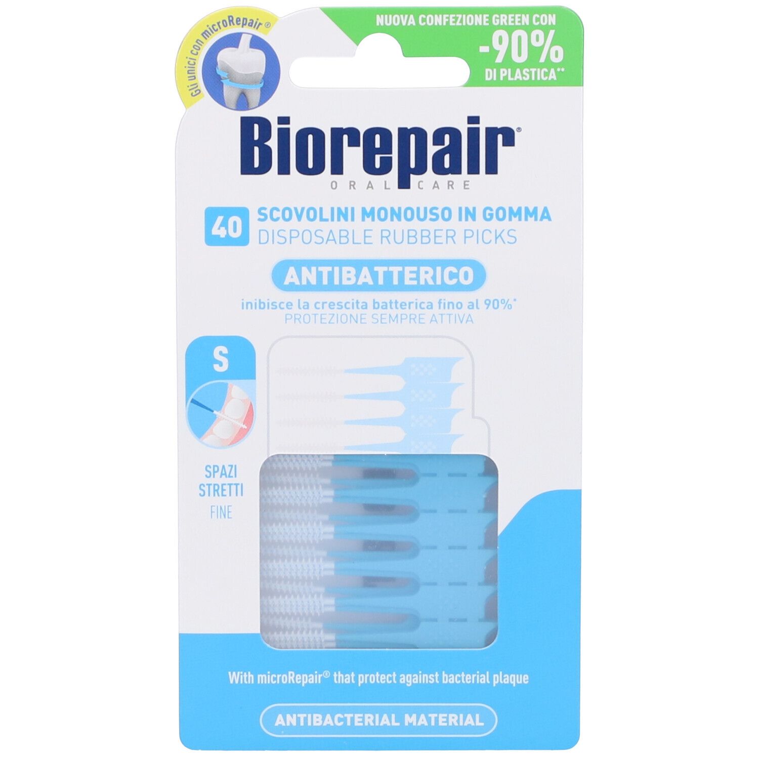 Paquet de 40 Biorepair Scovolini Monouso en caoutchouc bleus. Antibactérien. 'S' pour espaces étroits. Emballage vert.