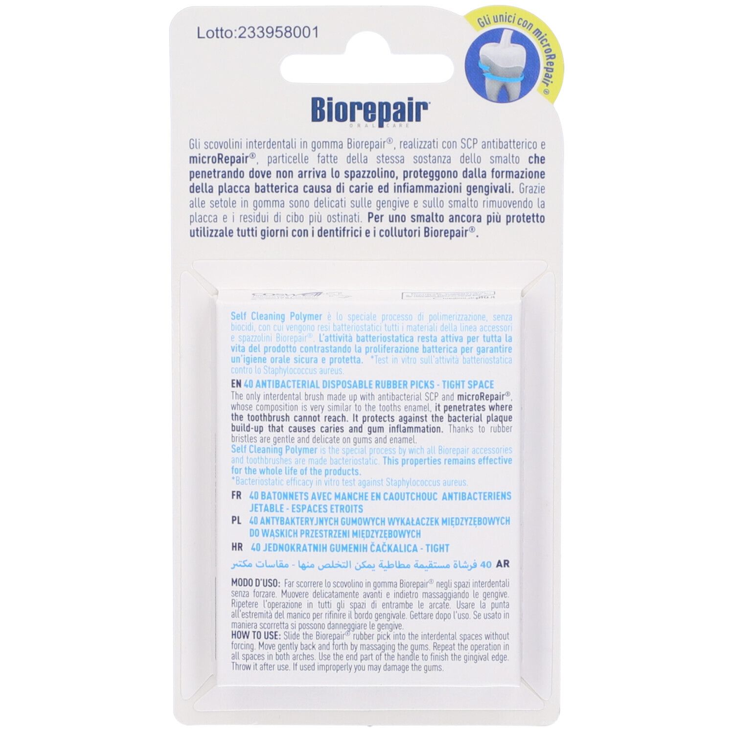 Dos de l'emballage Biorepair Scovolini Monouso en Gomma. Texte en italien et anglais. Contient des informations sur le produit.