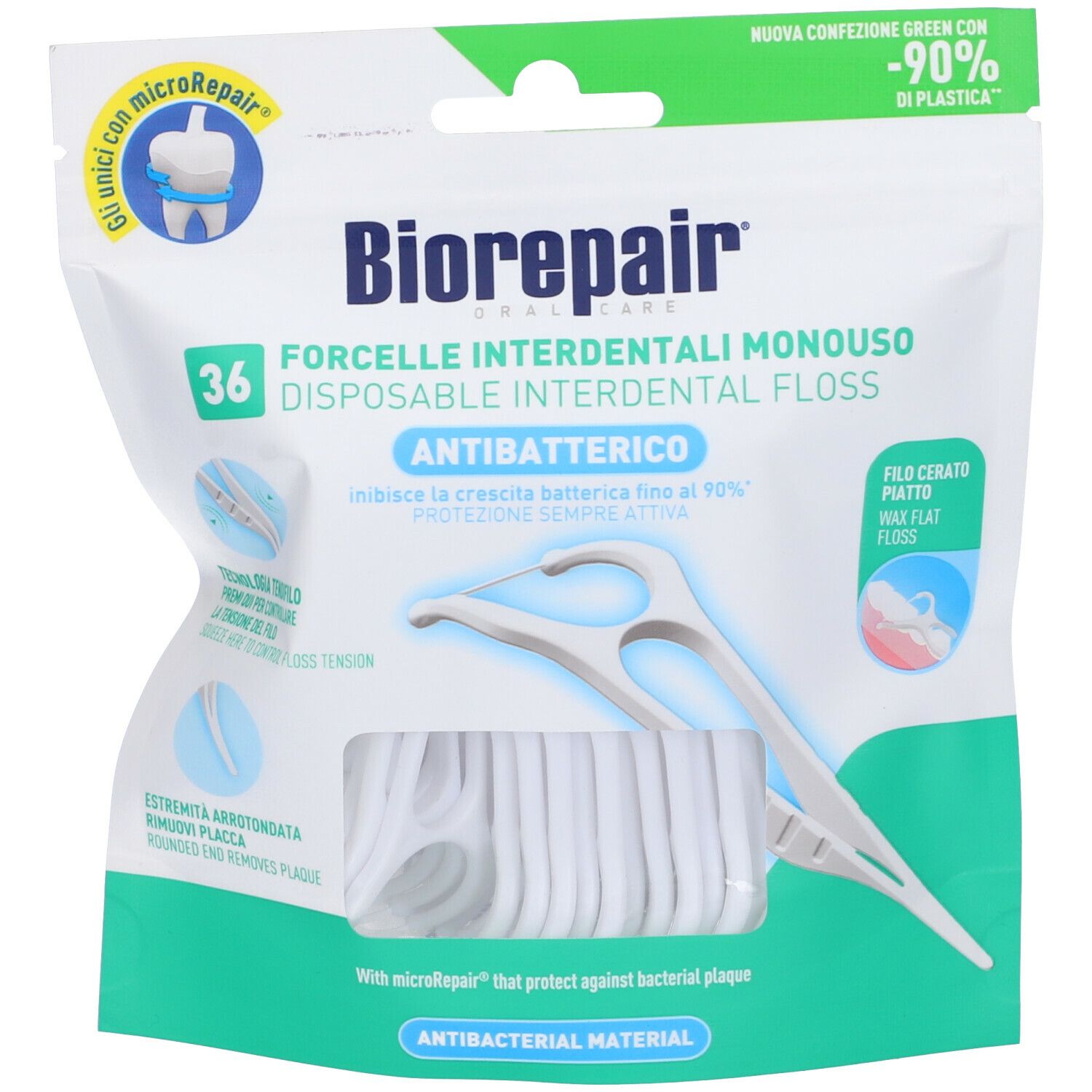 Paquet de 36 brossettes interdentaires blanches. Marque Biorepair, texte : Antibactérien.