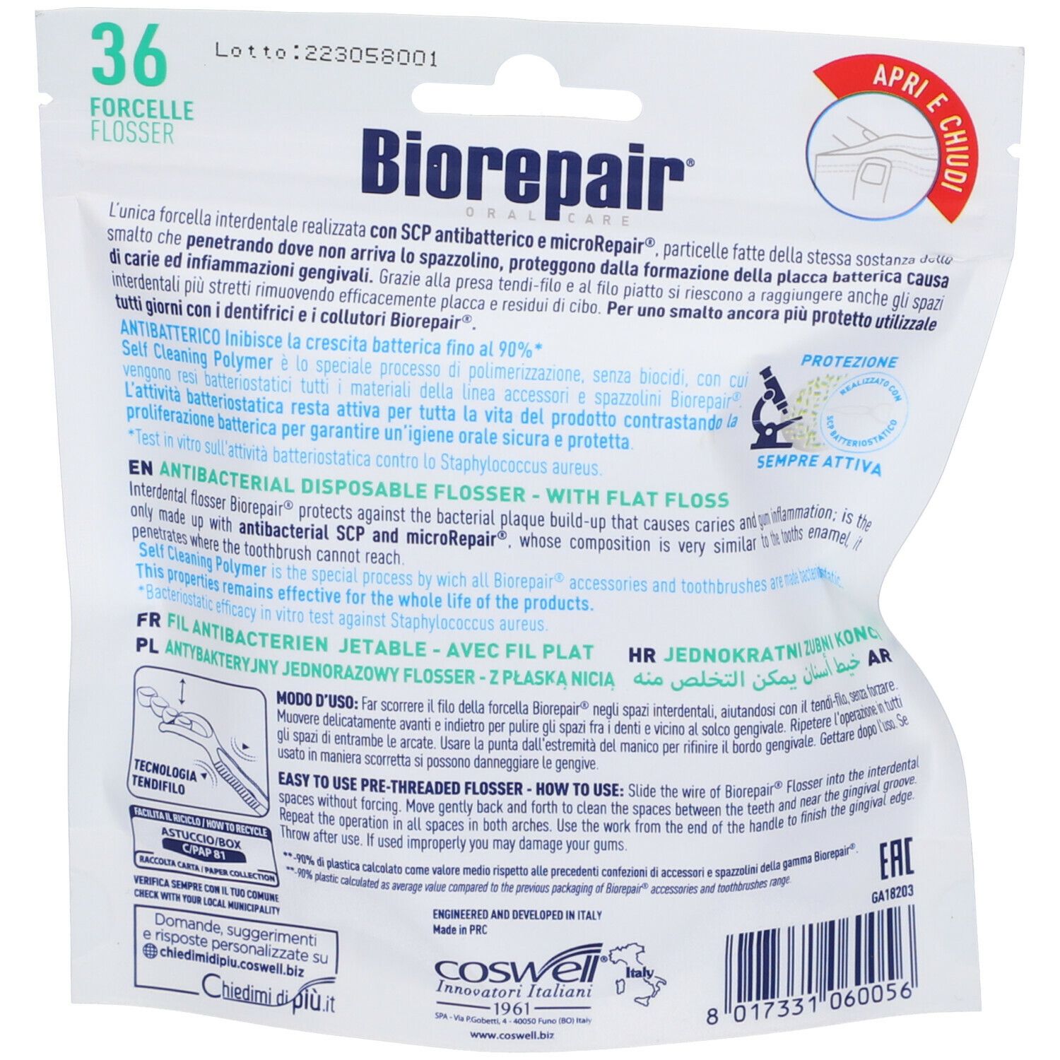Dos du paquet avec texte et illustrations. Marque Biorepair, texte : Antibactérien.