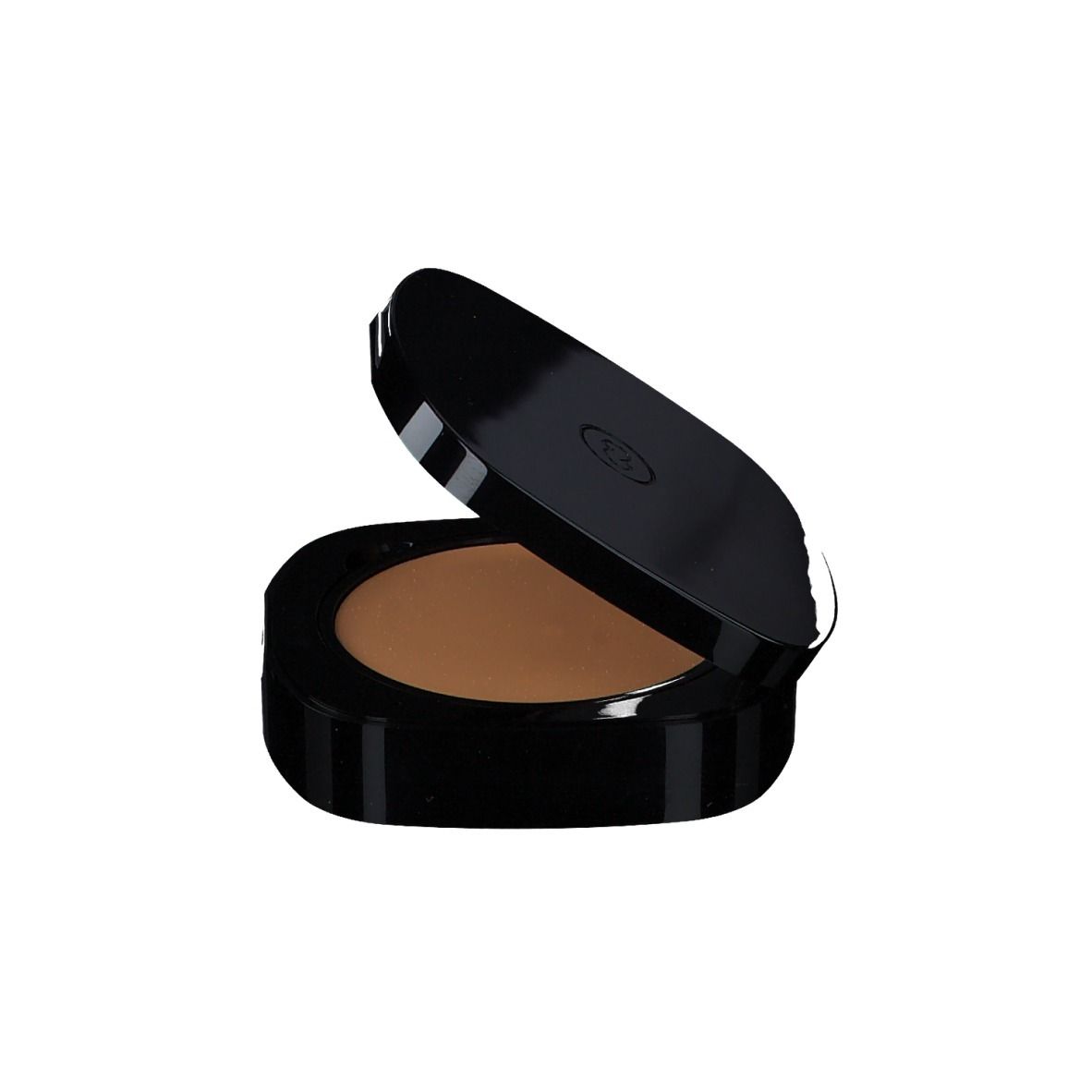 Kompakt-Make-up mit geöffnetem Deckel. Schwarze, quadratische Dose. Braune Textur sichtbar.