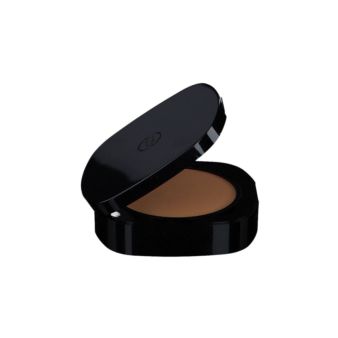 Kompakt-Make-up mit geöffnetem Deckel. Schwarze, quadratische Dose. Braune Textur sichtbar.