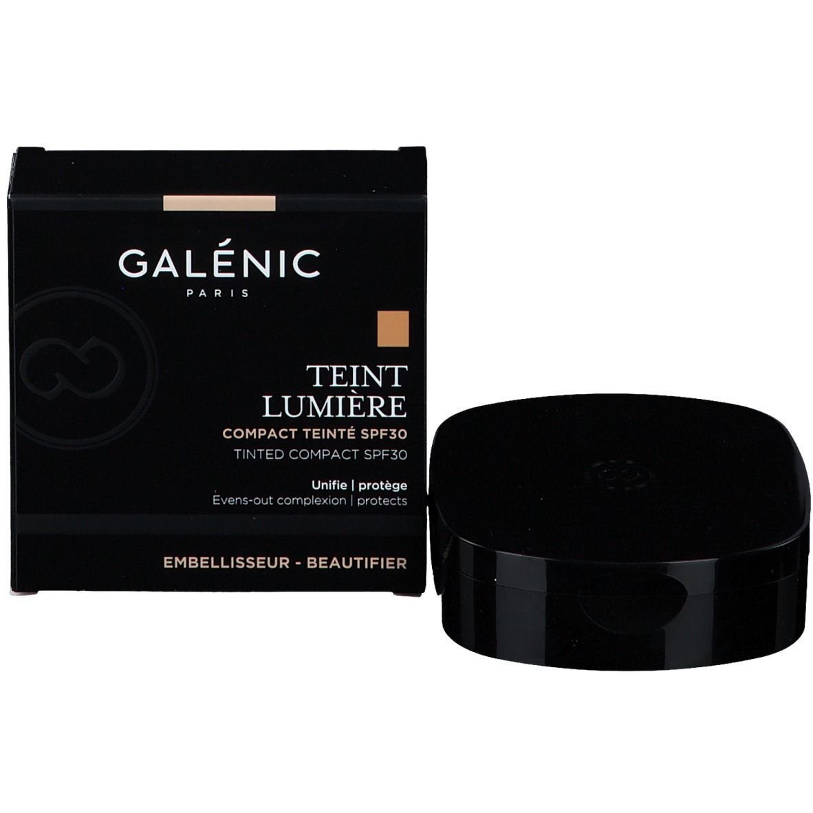 Schwarze Schachtel mit Produkt und Text. GALÉNIC PARIS, TEINT LUMIÈRE, Compact Teinté SPF30.