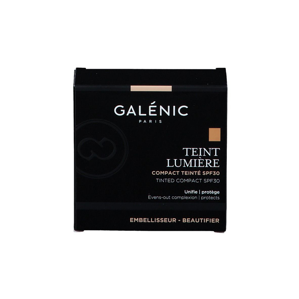 Schwarze Schachtel mit Produkt und Text. GALÉNIC PARIS, TEINT LUMIÈRE, Compact Teinté SPF30.
