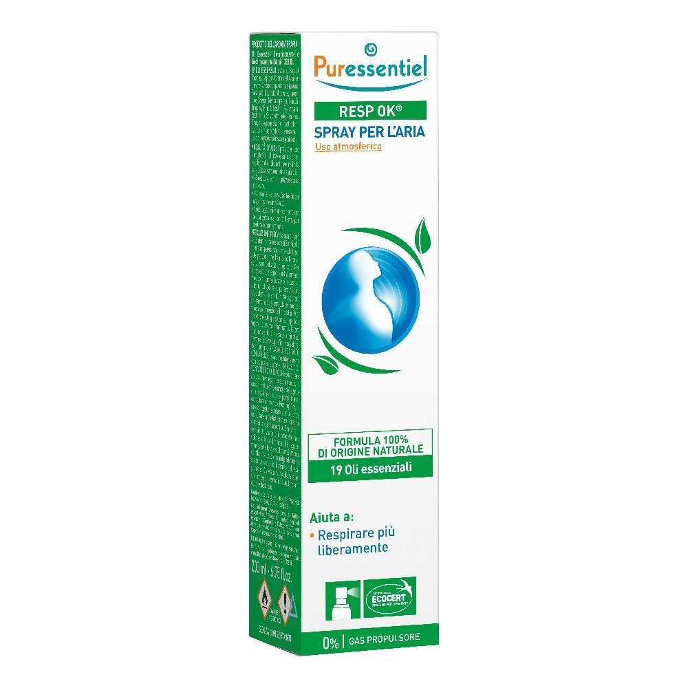 Emballage produit. Blanc, vert. Texte: Puressentiel, RESP OK, Spray per l'aria. Logo: Globe avec feuilles. Certification.