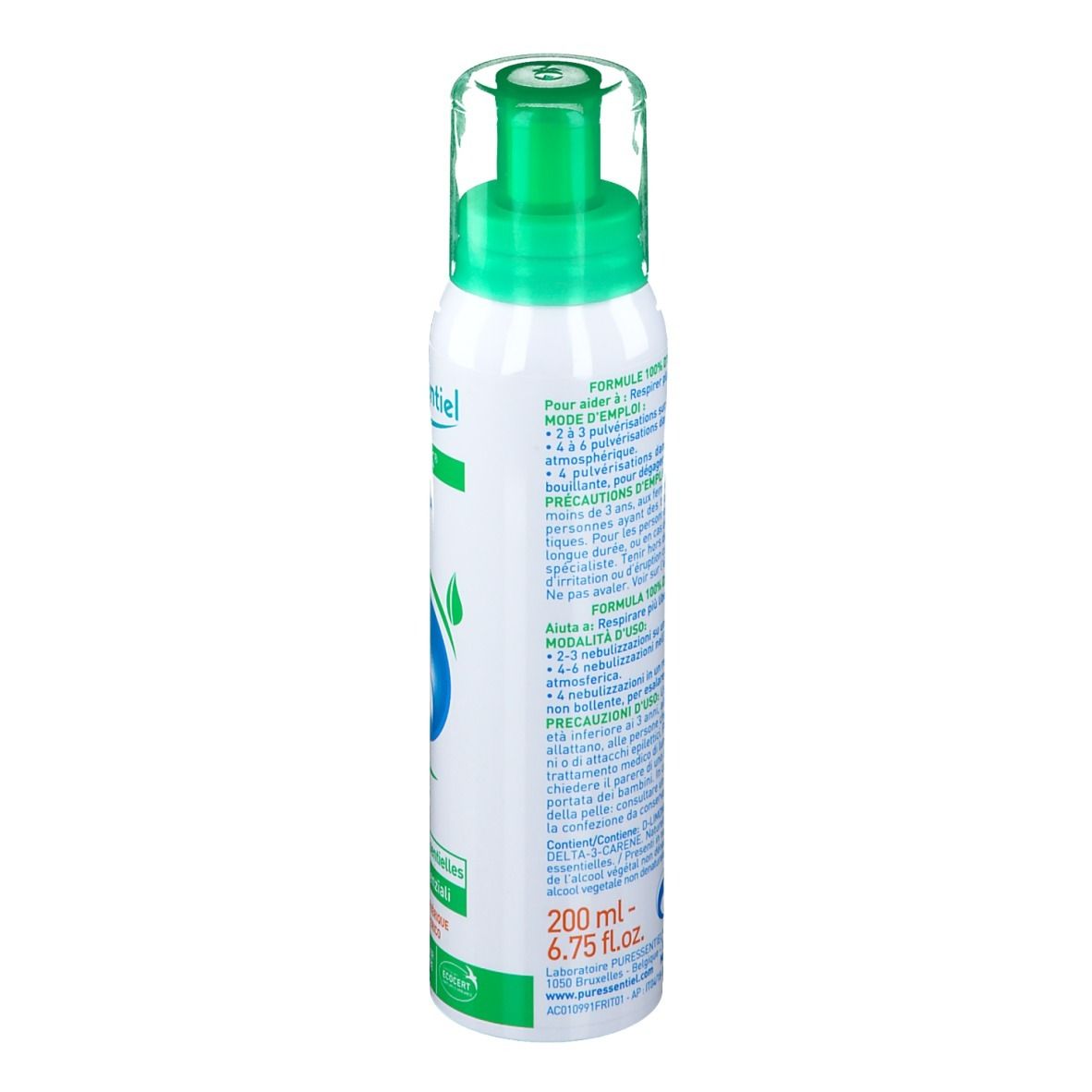 Flacon spray blanc, vert. Texte et logos. Dos avec texte. Tête verte. 200 ml.