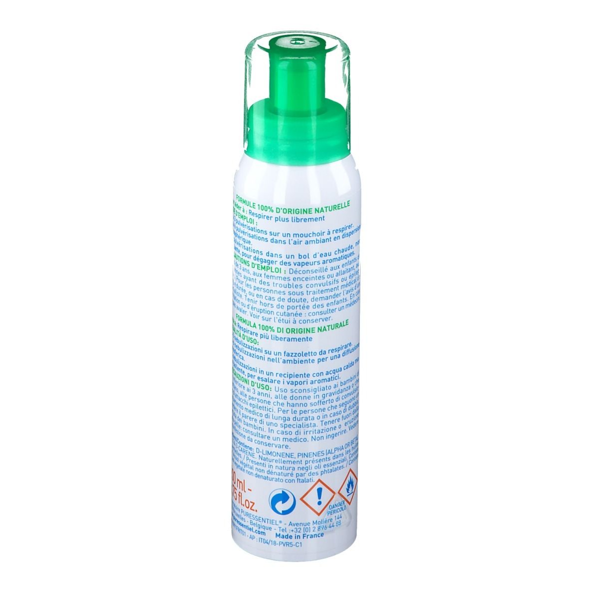 Flacon spray blanc, vert. Texte et logos. Dos avec texte. Tête verte. 200 ml.
