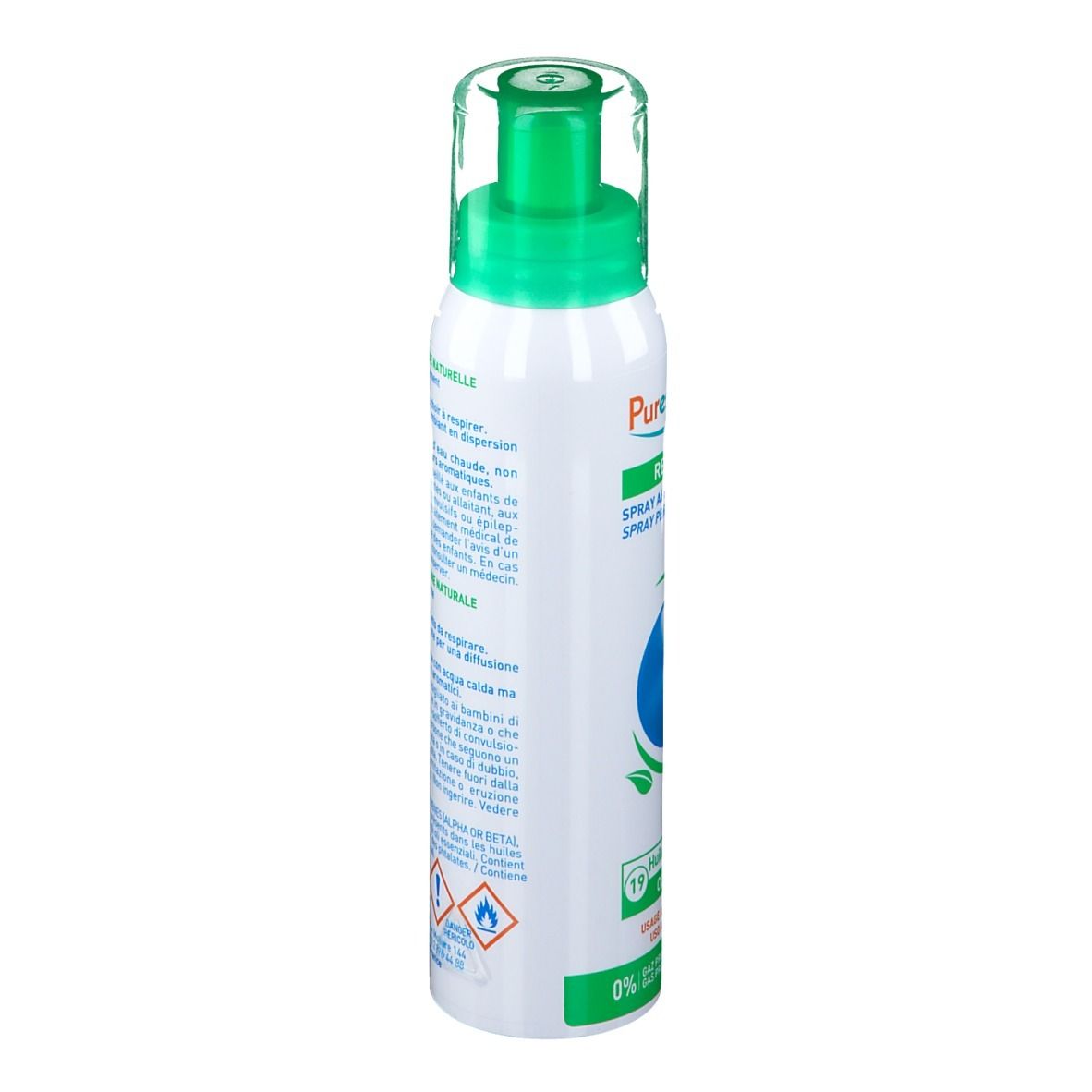 Flacon spray blanc, vert. Texte et logos. Dos avec texte. Tête verte. 200 ml.