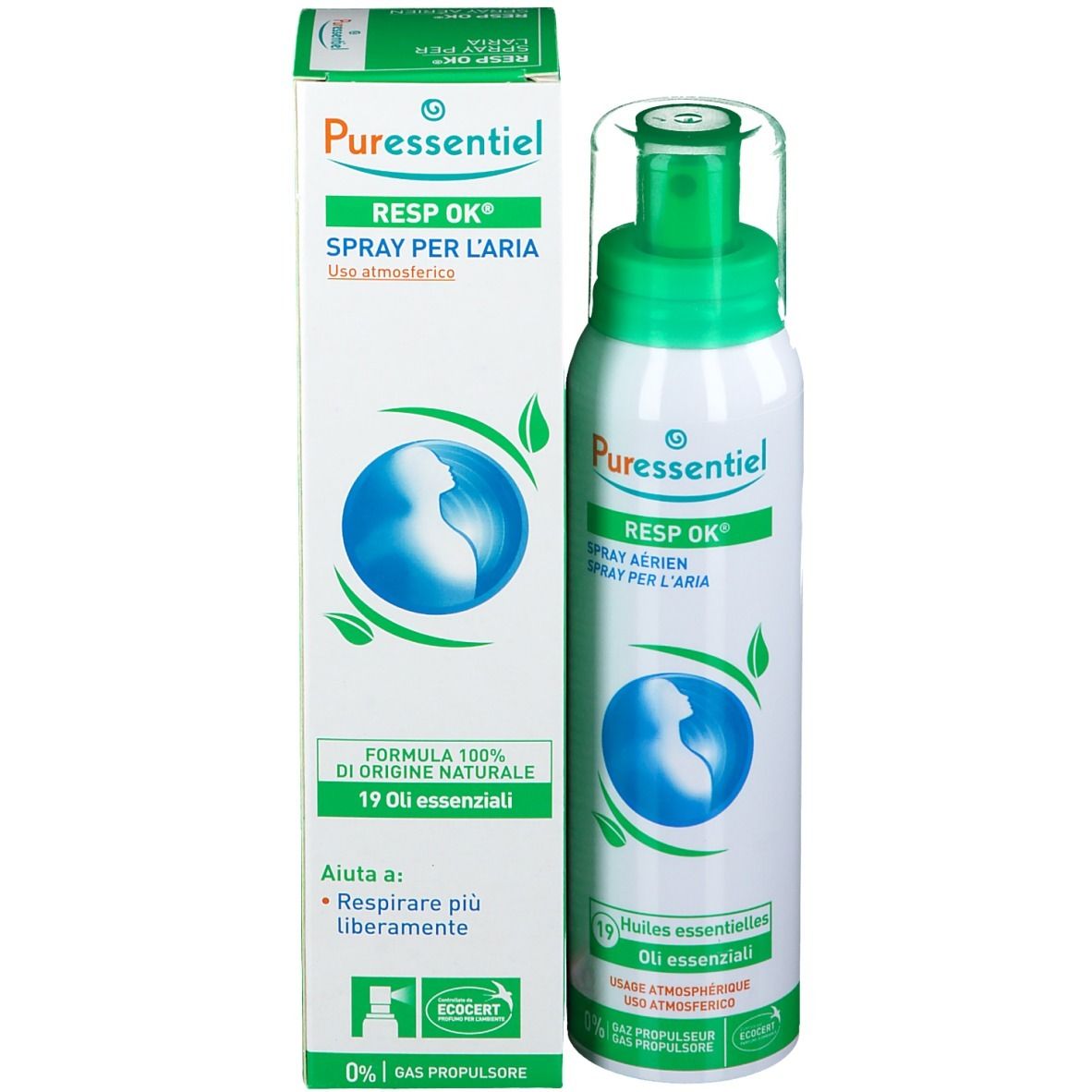 Produit et emballage. Blanc, vert. Texte: Puressentiel, RESP OK, Spray per l'aria. Logo: Globe avec feuilles. Tête verte.