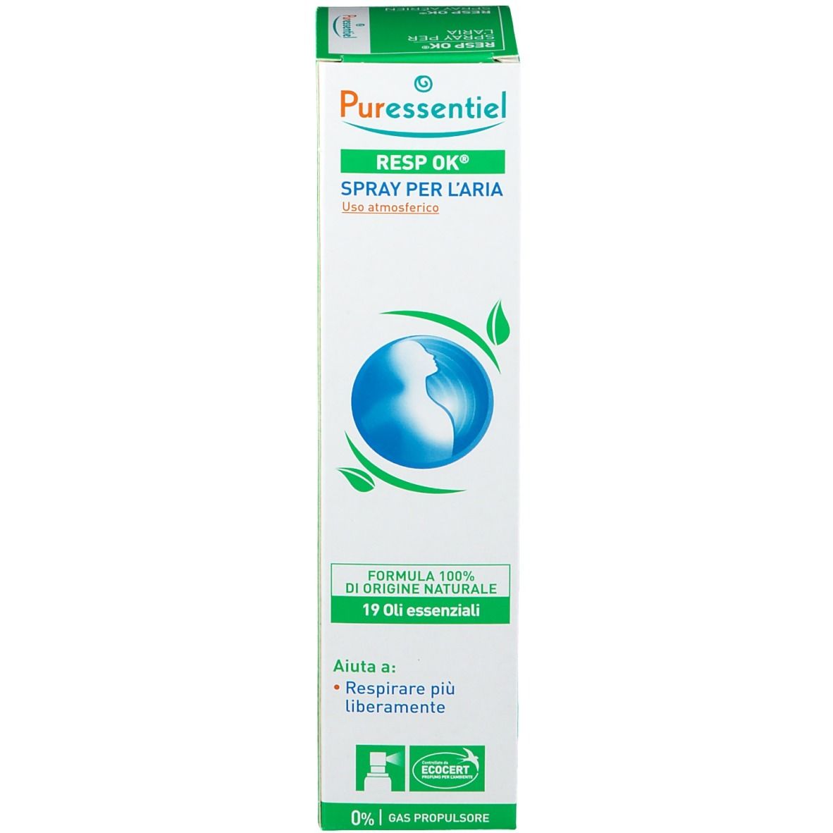 Emballage. Blanc, vert. Texte: Puressentiel, RESP OK, Spray per l'aria. Logo: Globe avec feuilles. Certification.